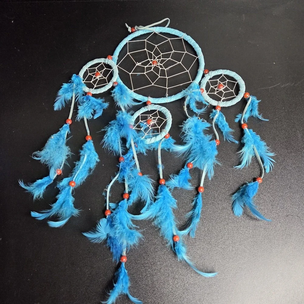 Blue Multi Ring Dreamcatcher Boho Feather Wall Hanging Handmade Decor